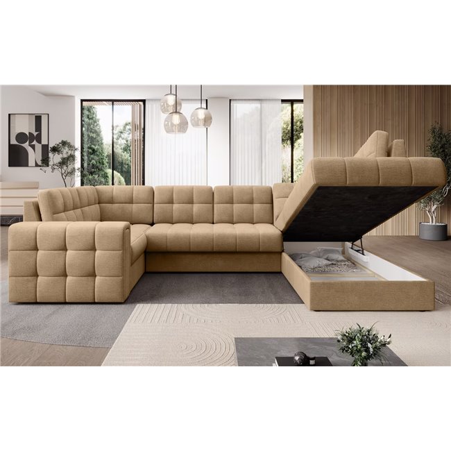 U-shaped sofa Elewett R, sleeping function, Monolith 09, velvet, light brown, H82x299x198cm