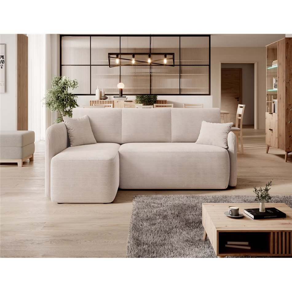 Corner sofa Elhadson L, sleeping function, Jarell 18, corduroy, beige, H89x206x150cm
