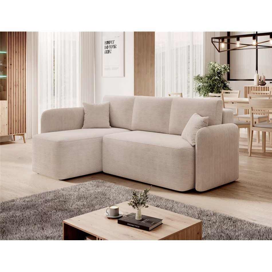 Corner sofa Elhadson L, sleeping function, Jarell 18, corduroy, beige, H89x206x150cm