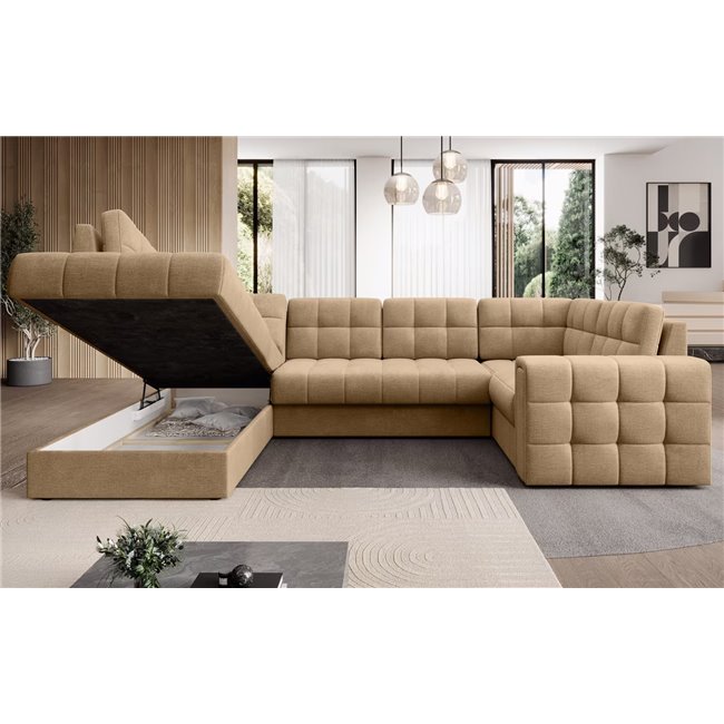 U-shaped sofa Elewett L, sleeping function, Monolith 09, velvet, light brown, H82x299x198cm