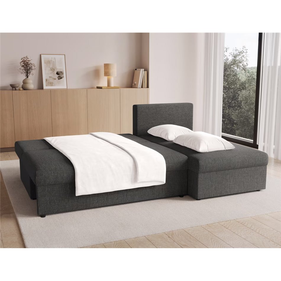 Corner sofa Elgino L/R Reversible, sleeping function, Sawana 05, dark grey, H90x201x143cm