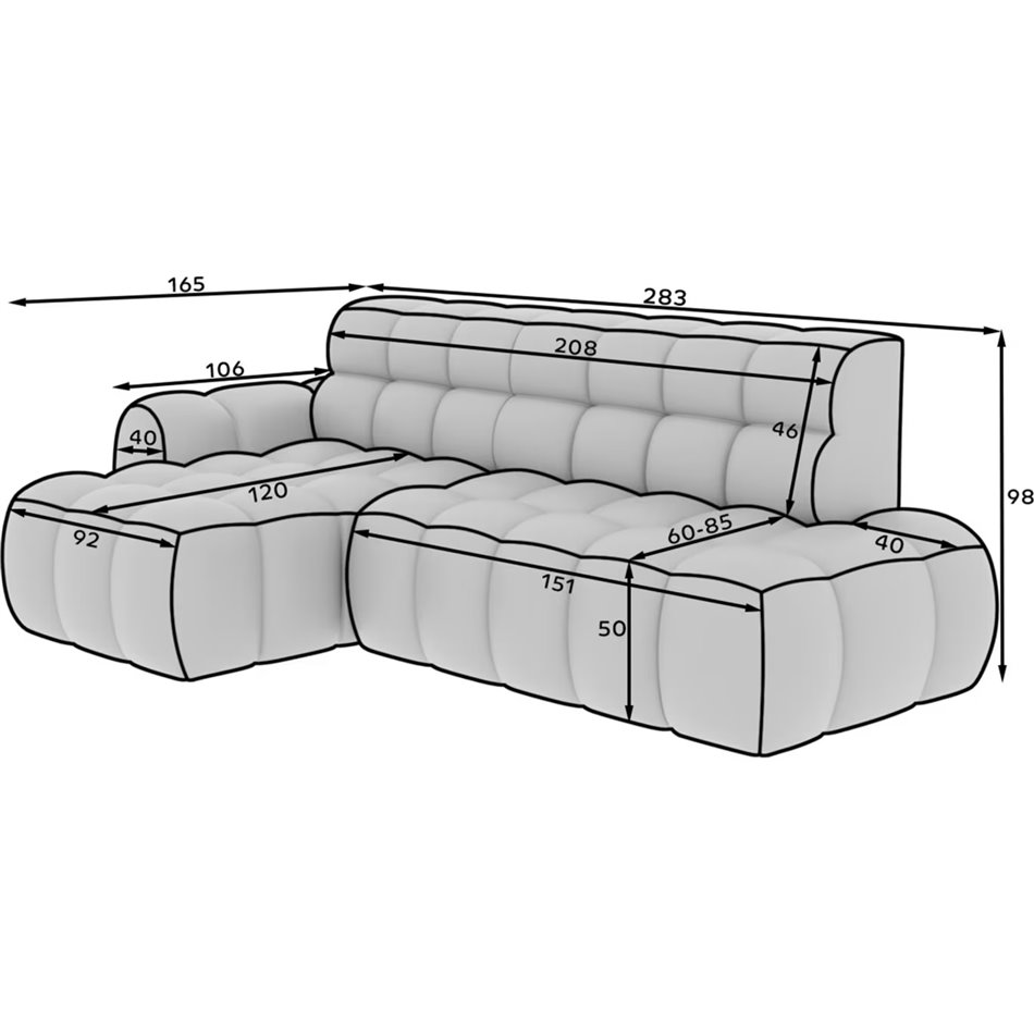Corner sofa Eleedro L, electrically extendable, Aura 04, velvet, grey, H98x283x165cm