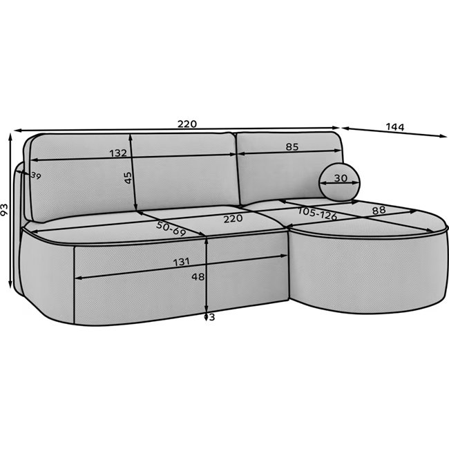 Corner sofa Elivosa R, sleeping function, Royal 18, boucle, beige, H93x220x144cm