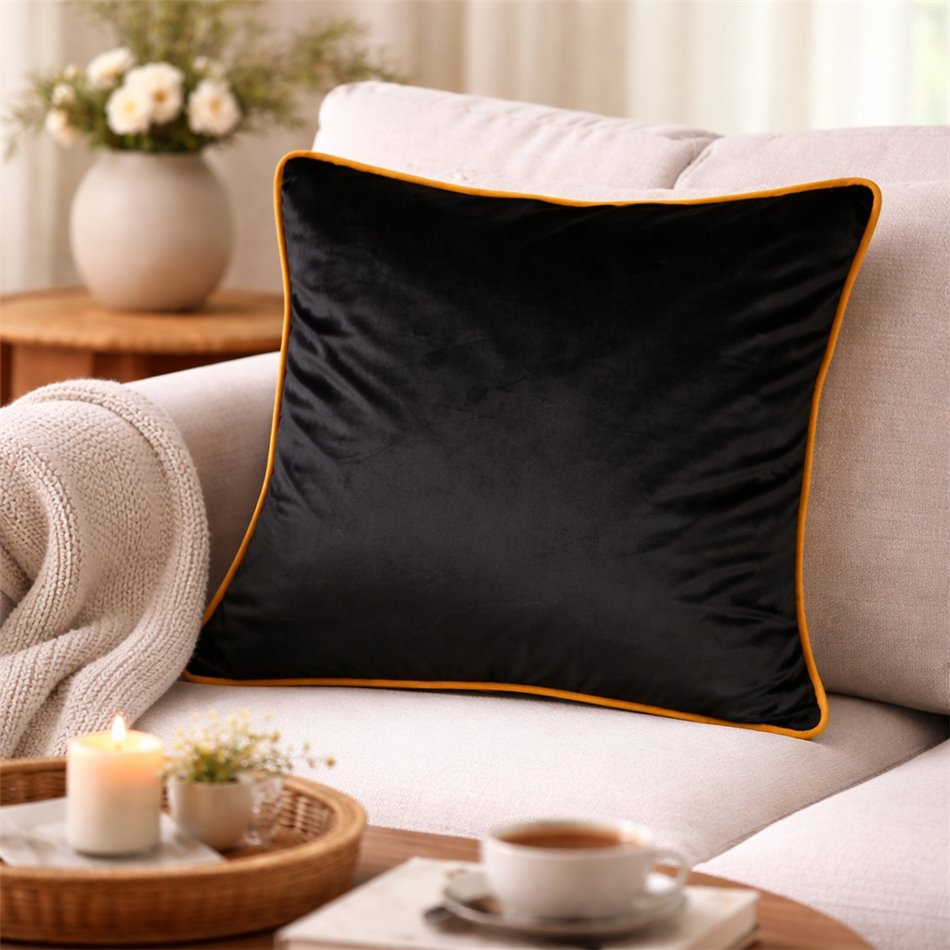 Decorative pillowcase Riviera, black, with mustard color trim, 60x60cm
