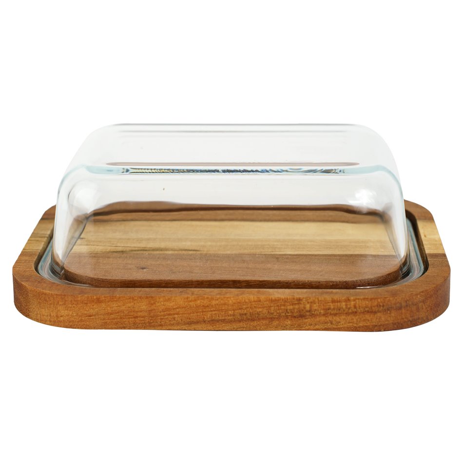 Butter dish with glass lid and acacia wood tray, H6x19x14cm
