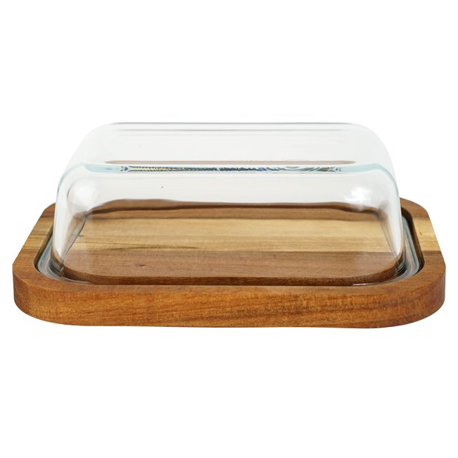 Butter dish with glass lid and acacia wood tray, H6x19x14cm