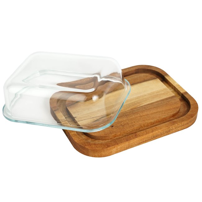 Butter dish with glass lid and acacia wood tray, H6x19x14cm