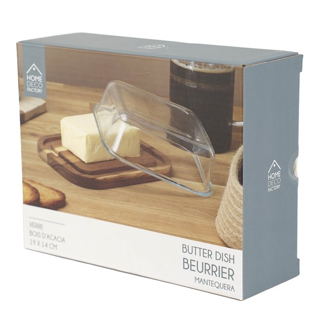 Butter dish with glass lid and acacia wood tray, H6x19x14cm