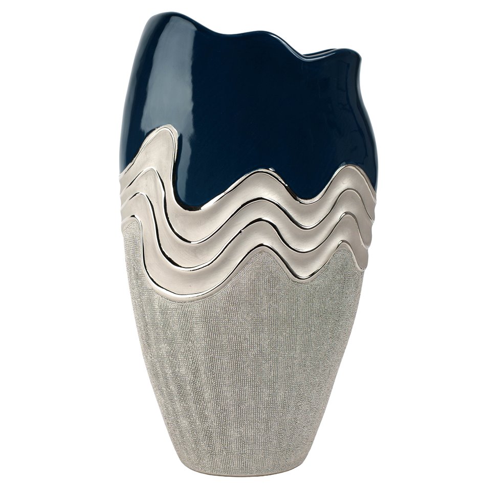 Vase Wavy L, blue/silver color, ceramics, H39x11x22.5cm