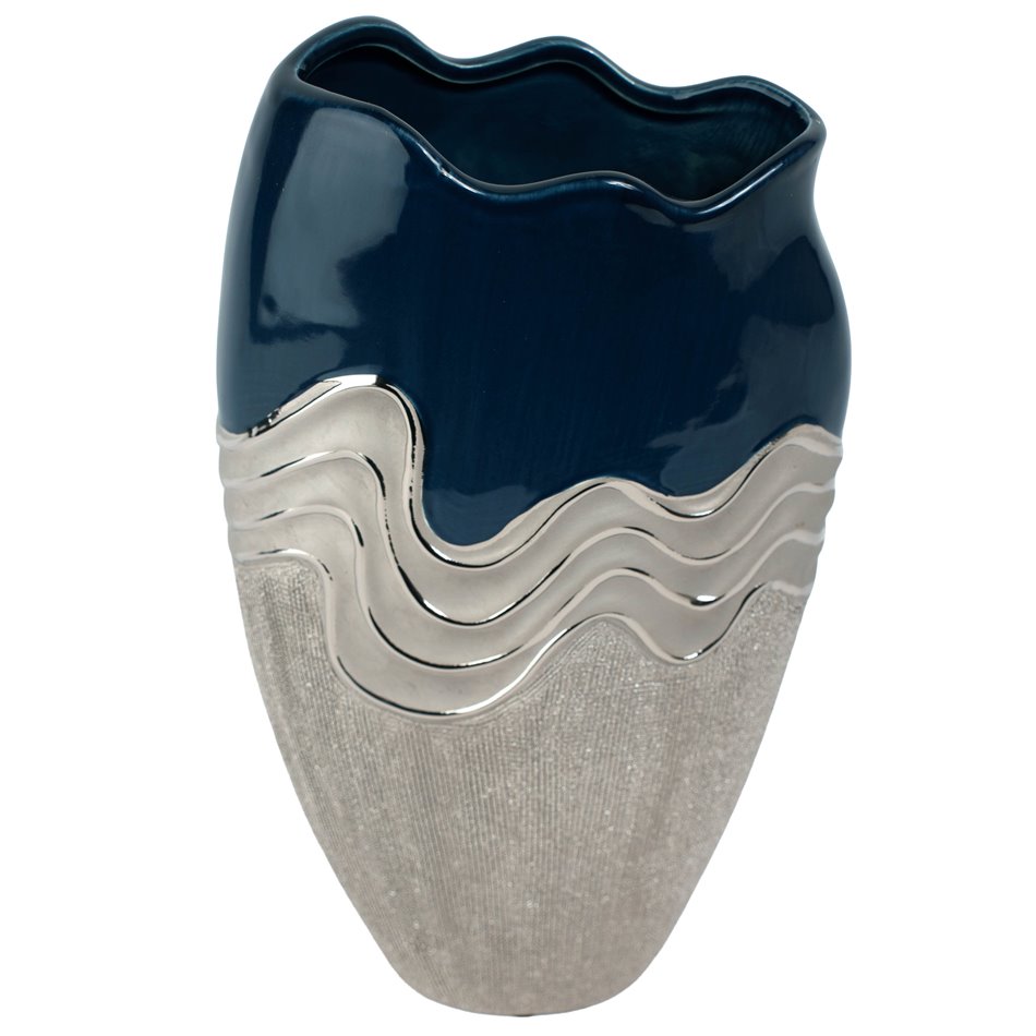 Vase Wavy, blue/silver color, ceramics, H29x8x17cm