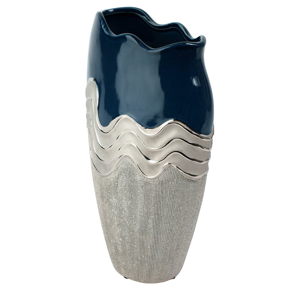 Vase Wavy, blue/silver color, ceramics, H29x8x17cm