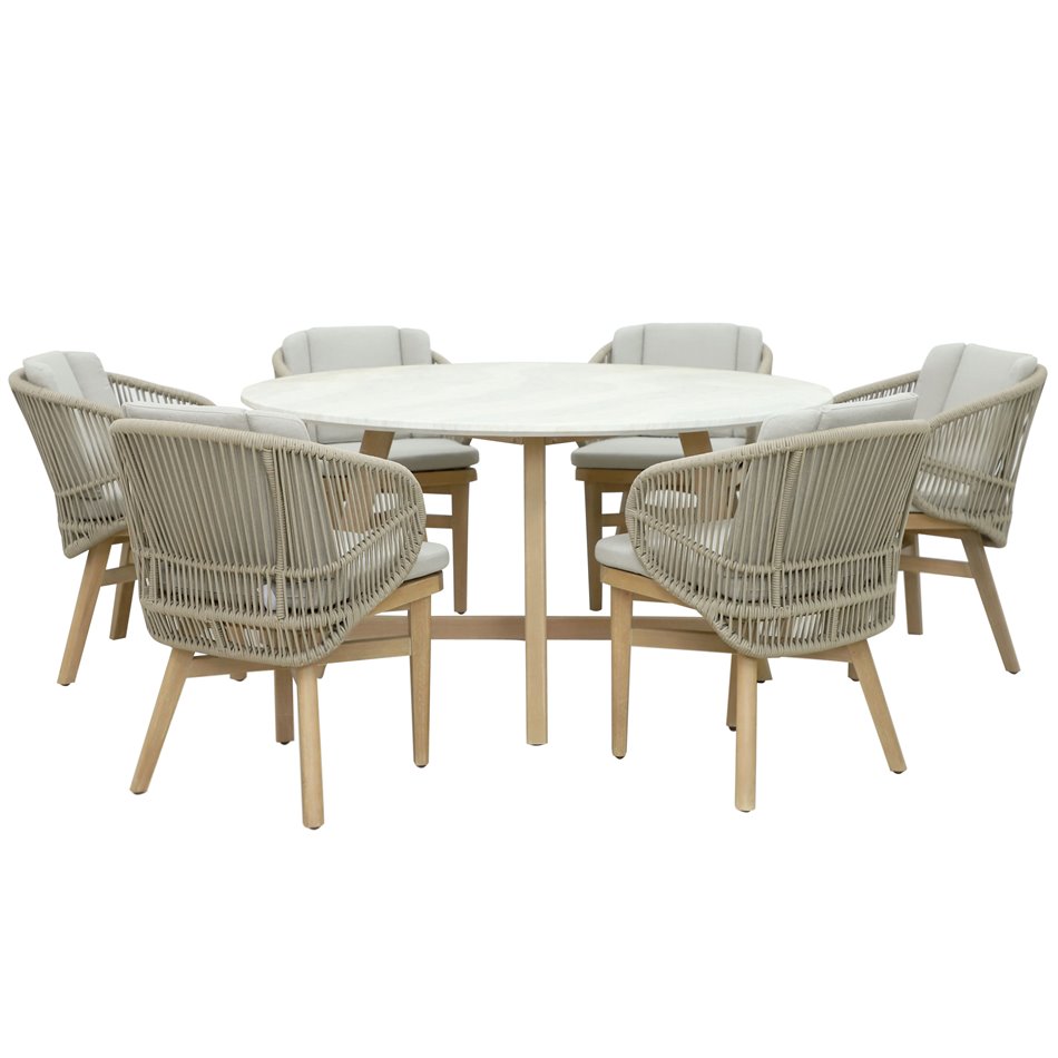 Garden dinning table Malli, eucalyptus wood/travertine, D150cm H76cm
