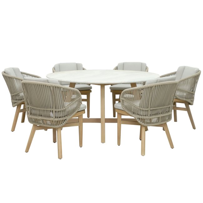Garden dinning table Malli, eucalyptus wood/travertine, D150cm H76cm