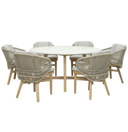 Sodo valgomojo stalas Malli, eukalipto mediena/travertinas, D150cm H76cm