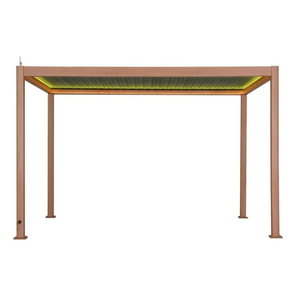 Garden canopy/pergola Laevora 4x3m, electrically adjustable roof, aluminium, honey color with wood effect
