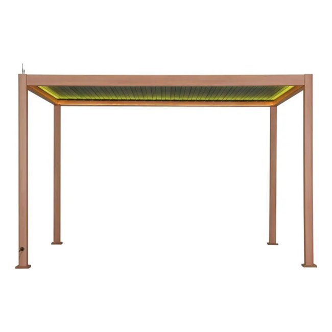 Garden canopy/pergola Laevora 4x3m, electrically adjustable roof, aluminium, honey color with wood effect