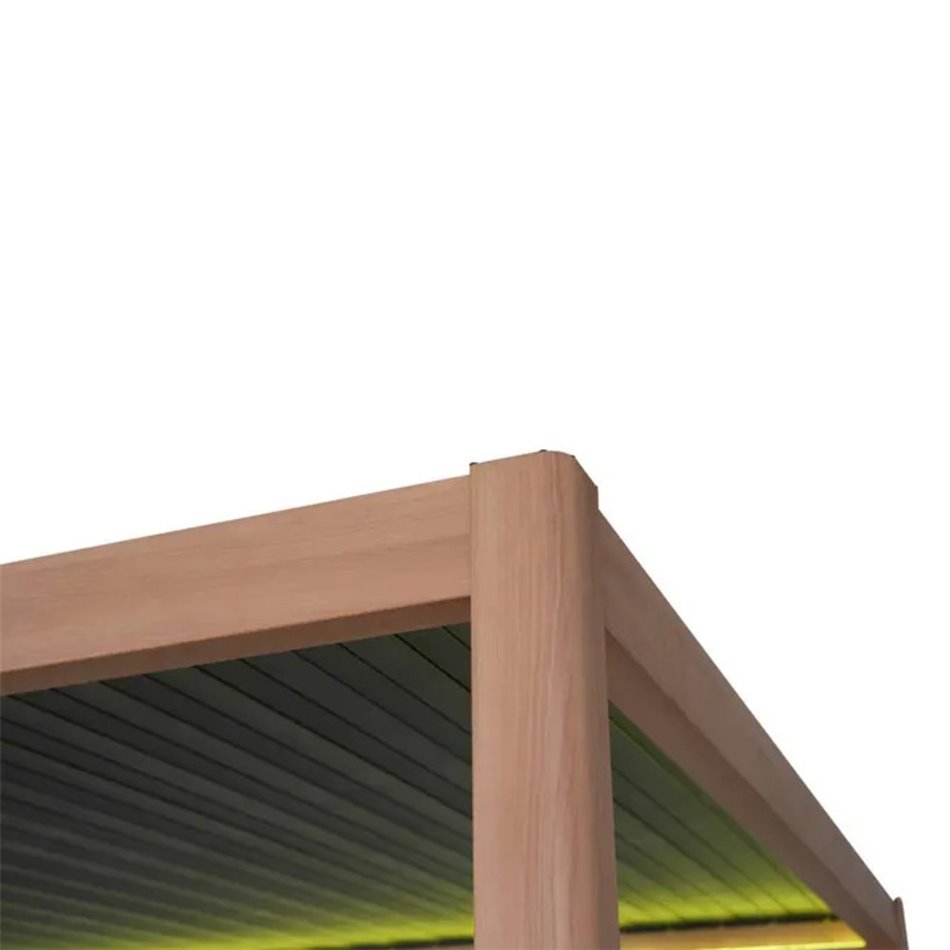 Garden canopy/pergola Laevora 4x3m, electrically adjustable roof, aluminium, honey color with wood effect