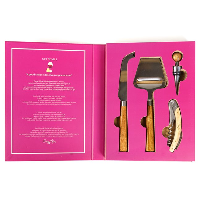 Knife, cheese slicer, bottle opener and cork in gift box, 26.1x19.5cm H3cm