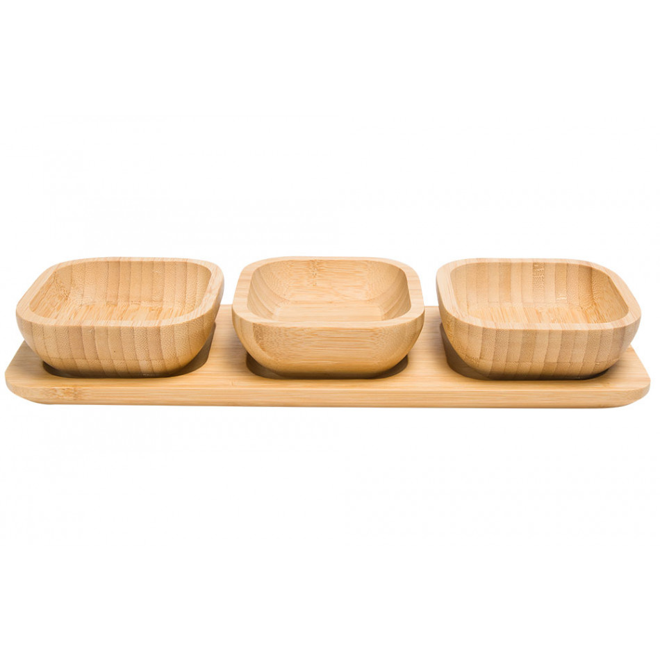 Bamboo plate with 3 bowls, 33x10.8x4.7cm