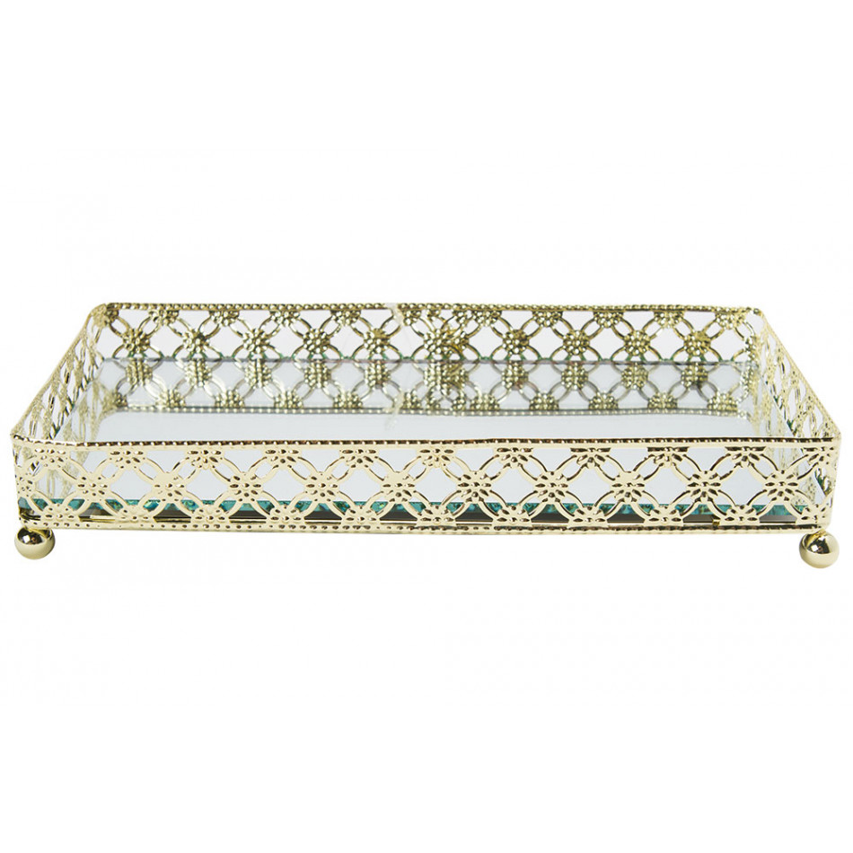 Tray with mirror, metal, gold colour, 20x10x4cm