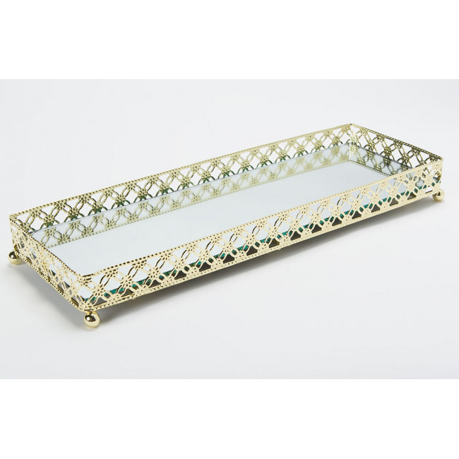 Tray with mirror, metal, gold colour, 30x10x4cm