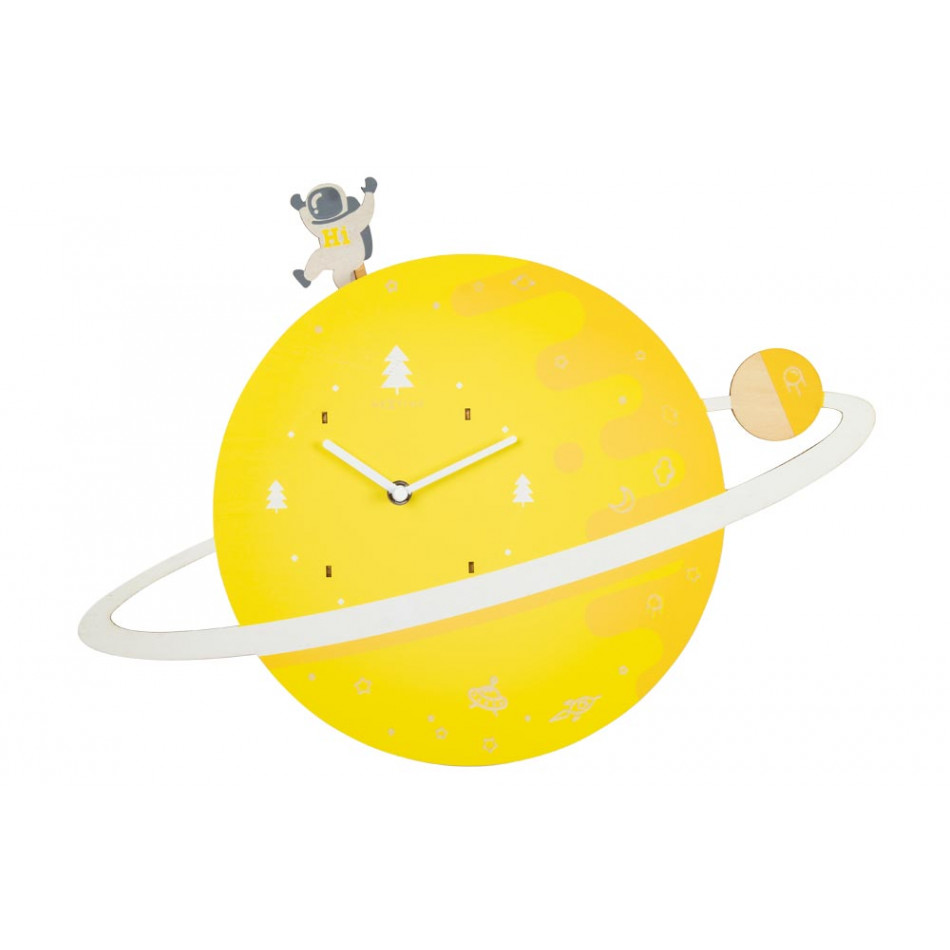 Wall clock Spaceman, wood, yellow, 33.0x45.5x4.9cm