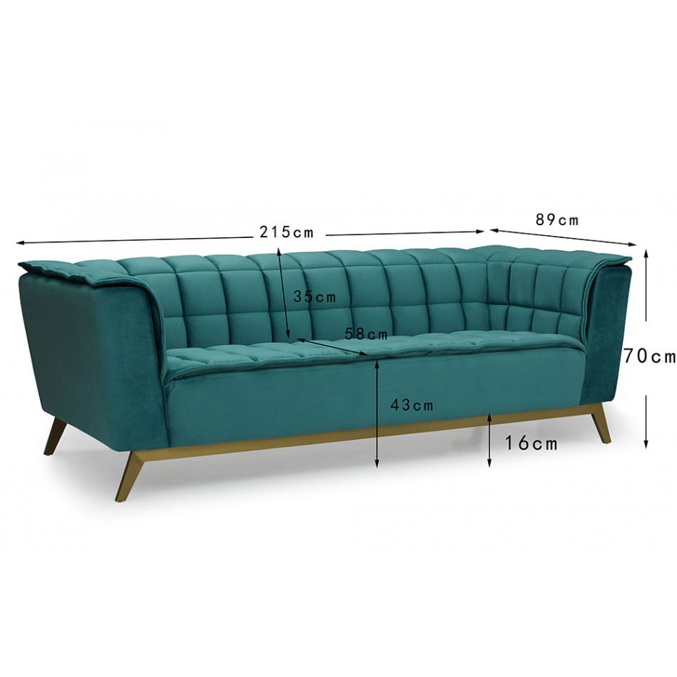 Sofa Hamond, 3 seat, green colour, 215x88x70cm, seat height 44cm