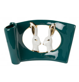 Decor Two rabbits, green/ white/gold, 25x9x16.5cm