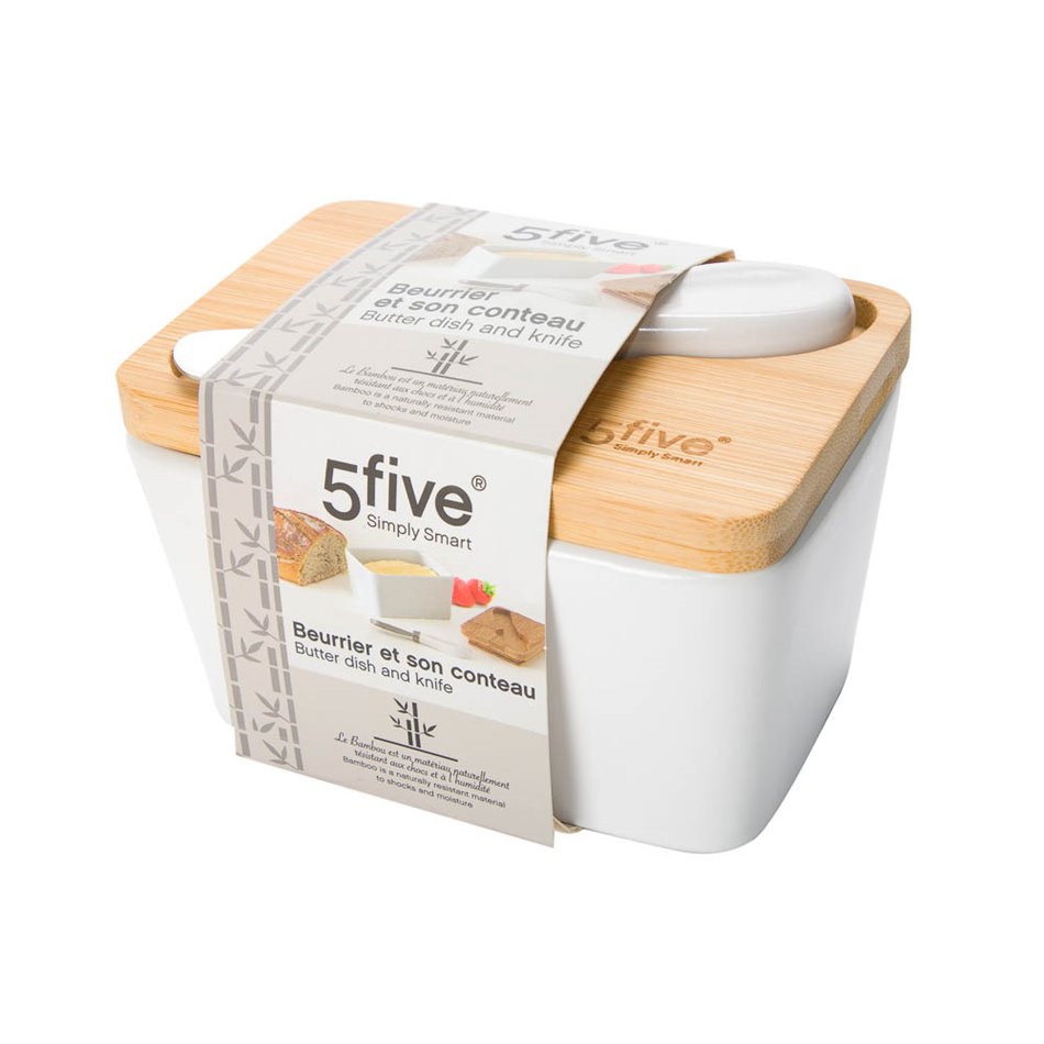 Butter bin w knife, bamboo lid, ceramic,13.5 x 9.3 x 9cm