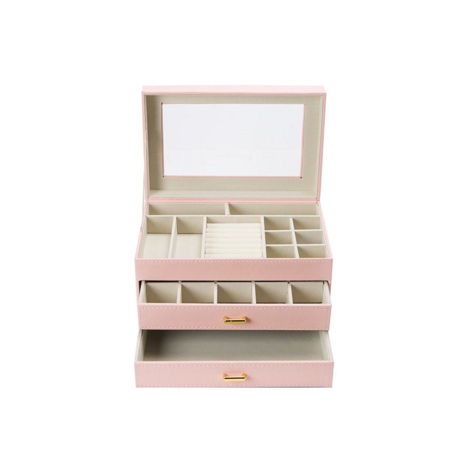 Juvelyrinių dirbinių dėžutė Harena, rožinės sp. PU/smėlio sp. aksomas, H17x28x18cm