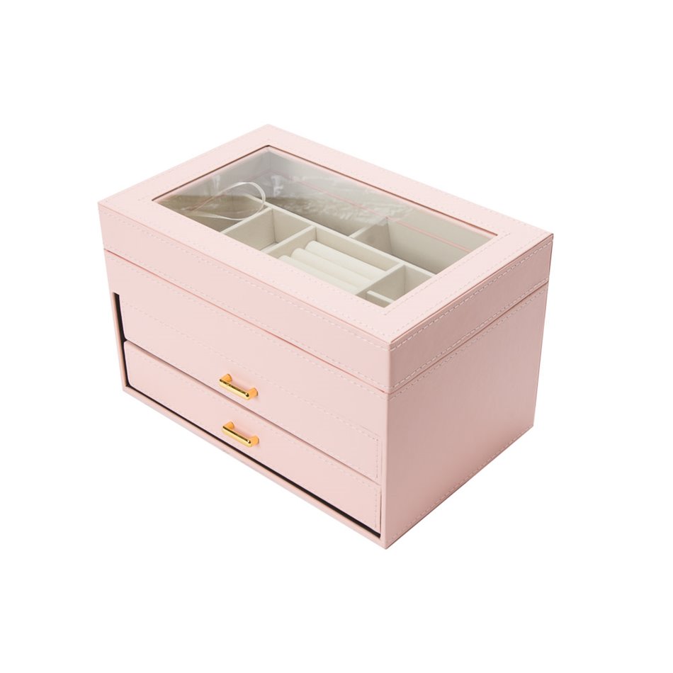 Juvelyrinių dirbinių dėžutė Harena, rožinės sp. PU/smėlio sp. aksomas, H17x28x18cm
