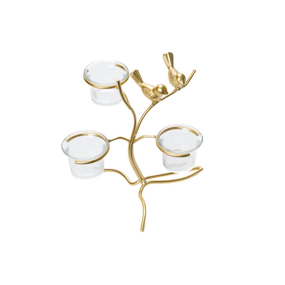 Candle holder Tree, metal/glass, golden, 19x15x21cm