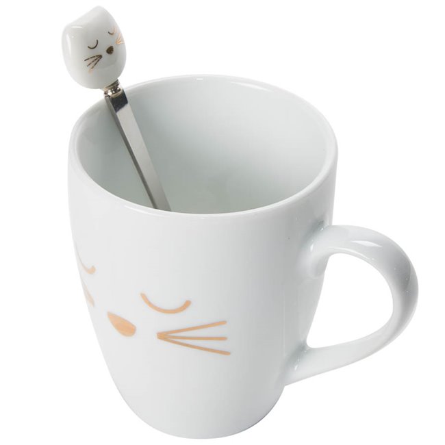 Puodelis Cat with spoon, baltas, 10x11.5x8.2cm