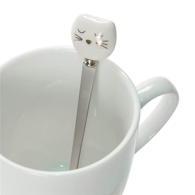 Mug Cat with spoon, white, 10x11.5x8.2cm
