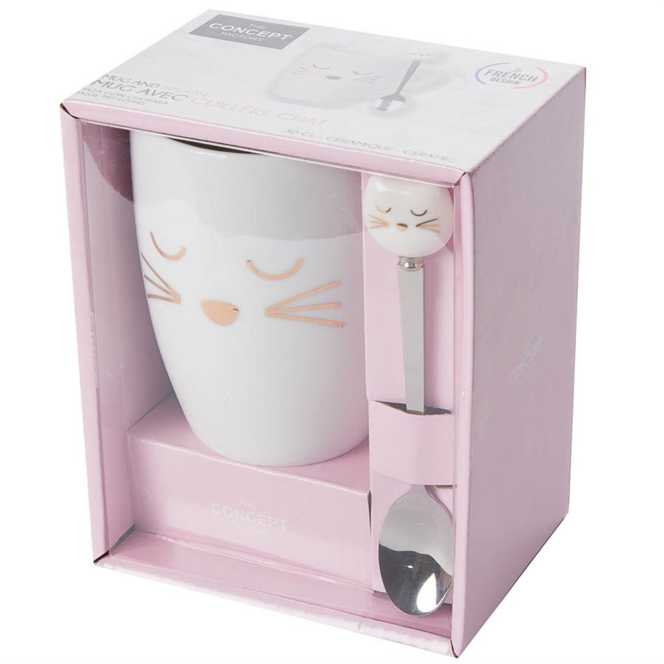 Mug Cat with spoon, white, 10x11.5x8.2cm
