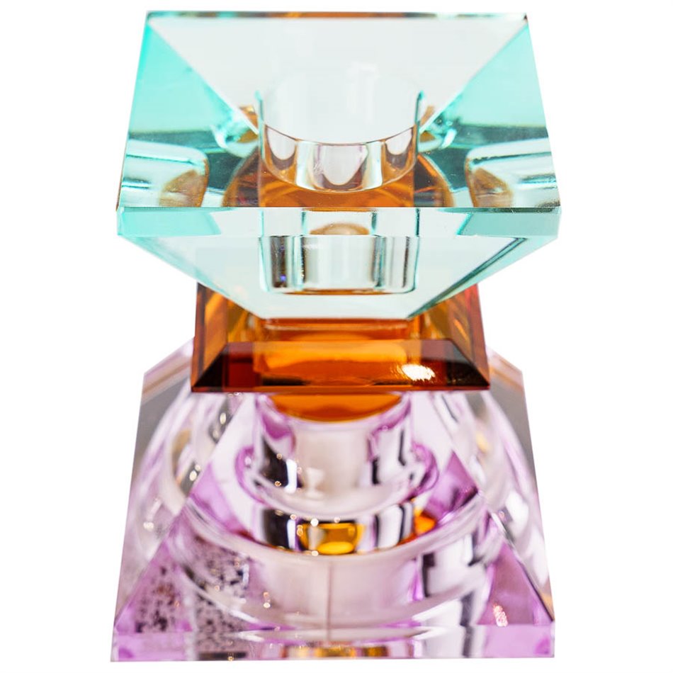 Crystal candleholder, violet/amber/mint, H7.4x6x6cm