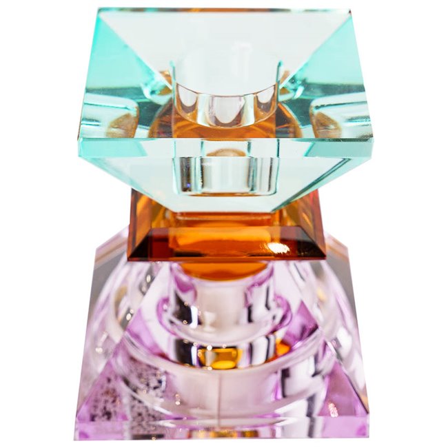 Crystal candleholder, violet/amber/mint, H7.4x6x6cm
