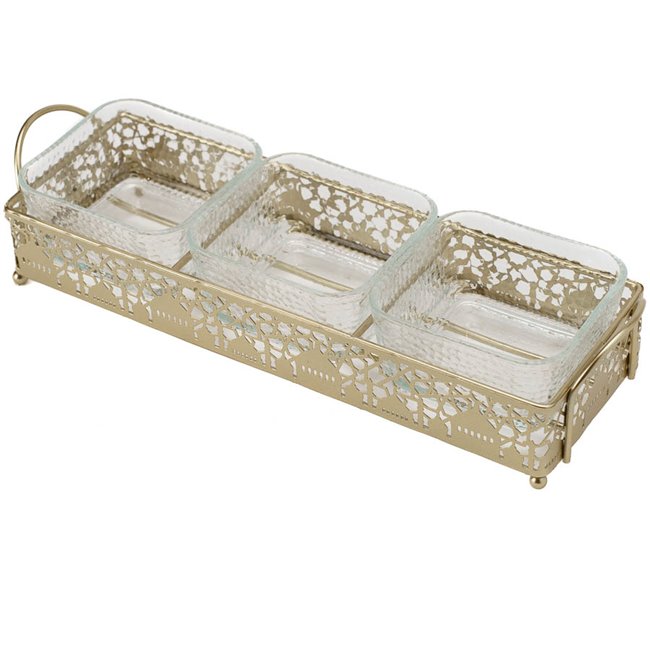 Glass/metal serving plate, golden, 7x34x11cm