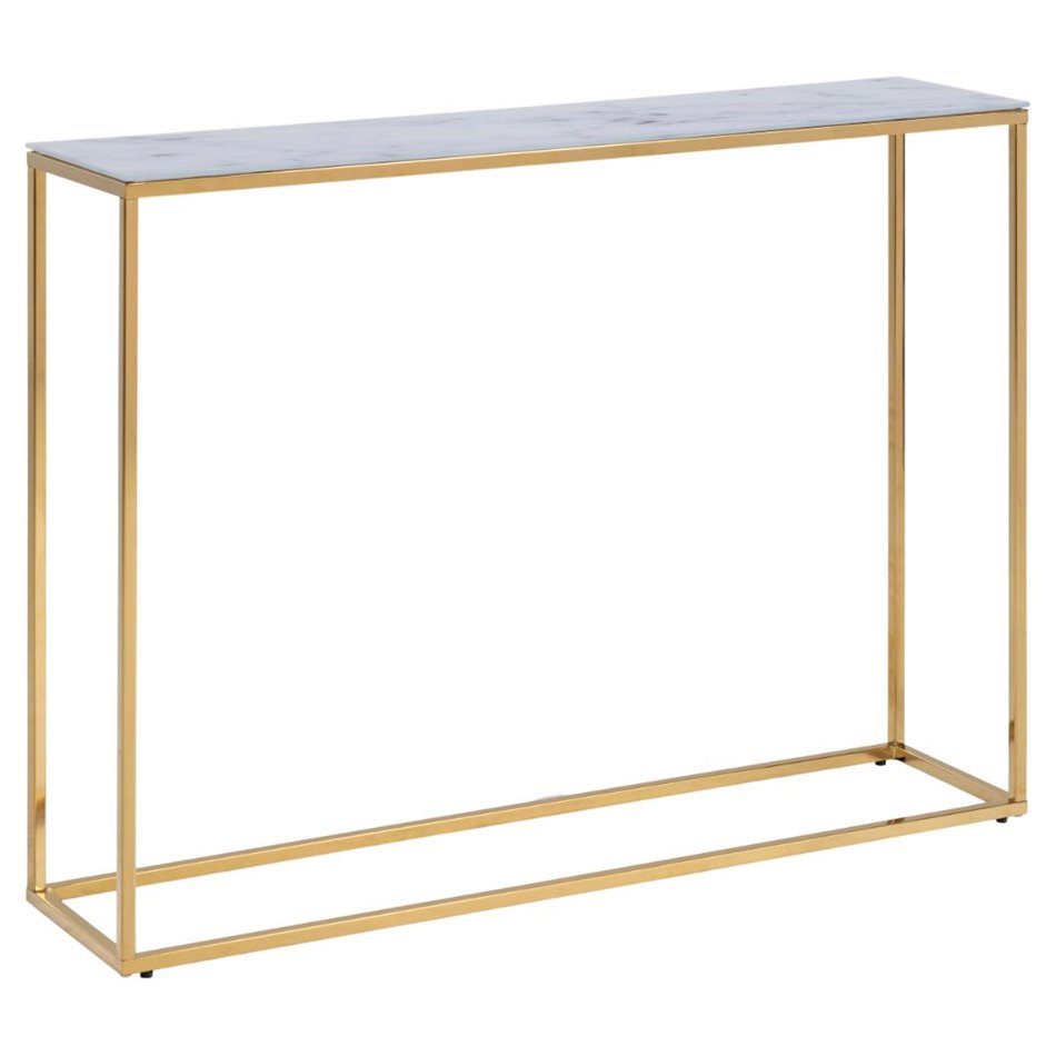 Console table Alis,top glass, white marble look/gold legs, H80.5x110x26cm