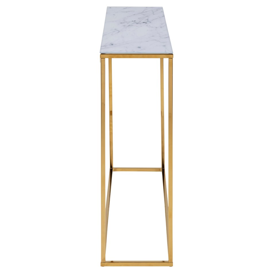 Console table Alis,top glass, white marble look/gold legs, H80.5x110x26cm