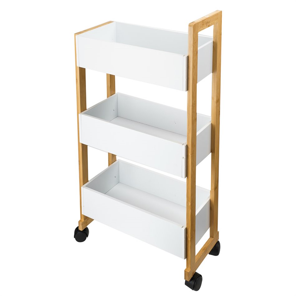 3 tier CADDY WHEELS, white/natural, H80,5X41x20cm