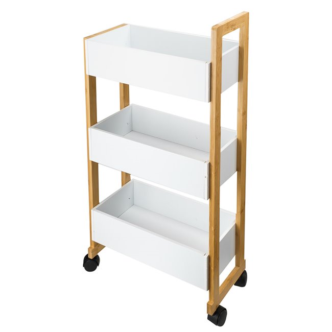 3 tier CADDY WHEELS, white/natural, H80,5X41x20cm