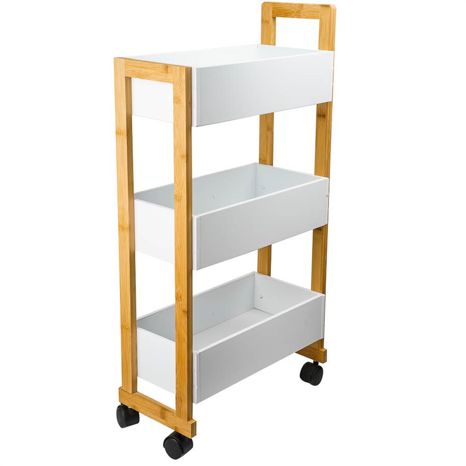 3 tier CADDY WHEELS, white/natural, H80,5X41x20cm