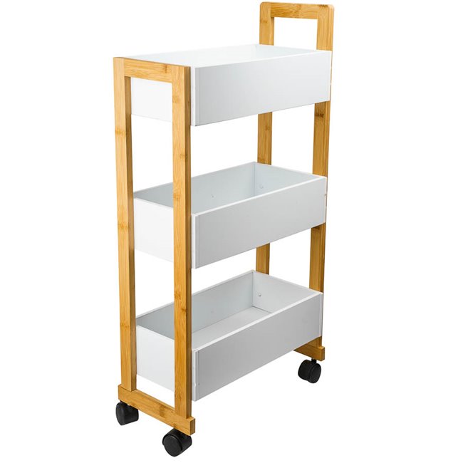 3 tier CADDY WHEELS, white/natural, H80,5X41x20cm