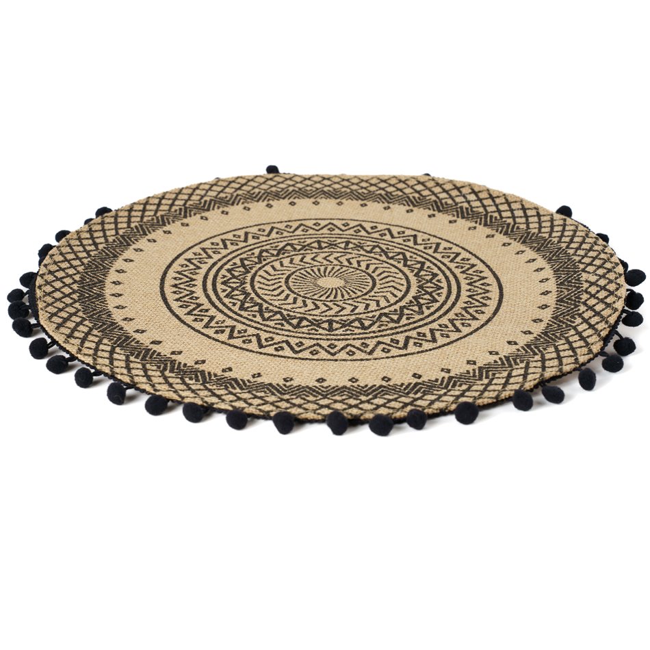 Placemat Agulo black, printed jute with pompom, DIA38CM