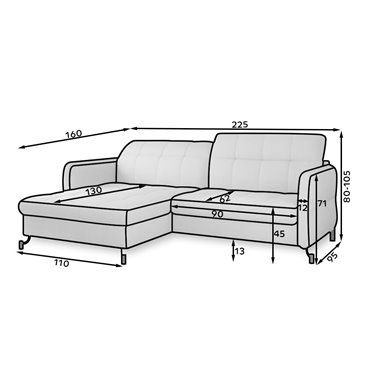 Угловой диван Elorelle L, Omega 02, серый, H105x225x160см