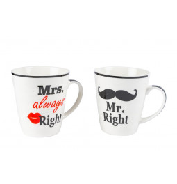 Porceleninis puodelis MR RIGHT AND MRS ALWAYS RIGHT, 2 vnt, 10x9cm, 350ml