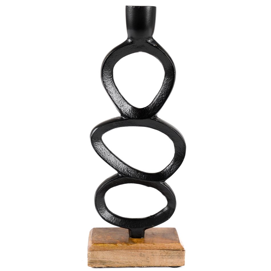 Candlestick on mango wood base metal black