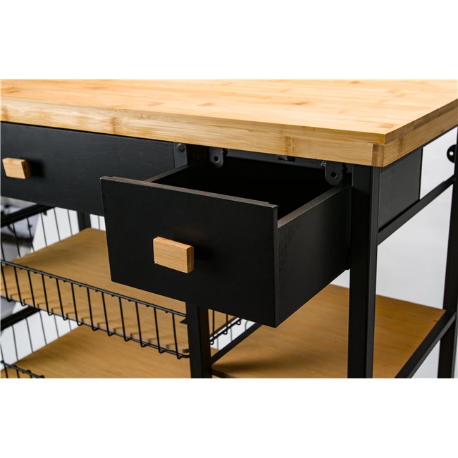 Serving trolley, black, metal/bamboo 126x35.5x87cm