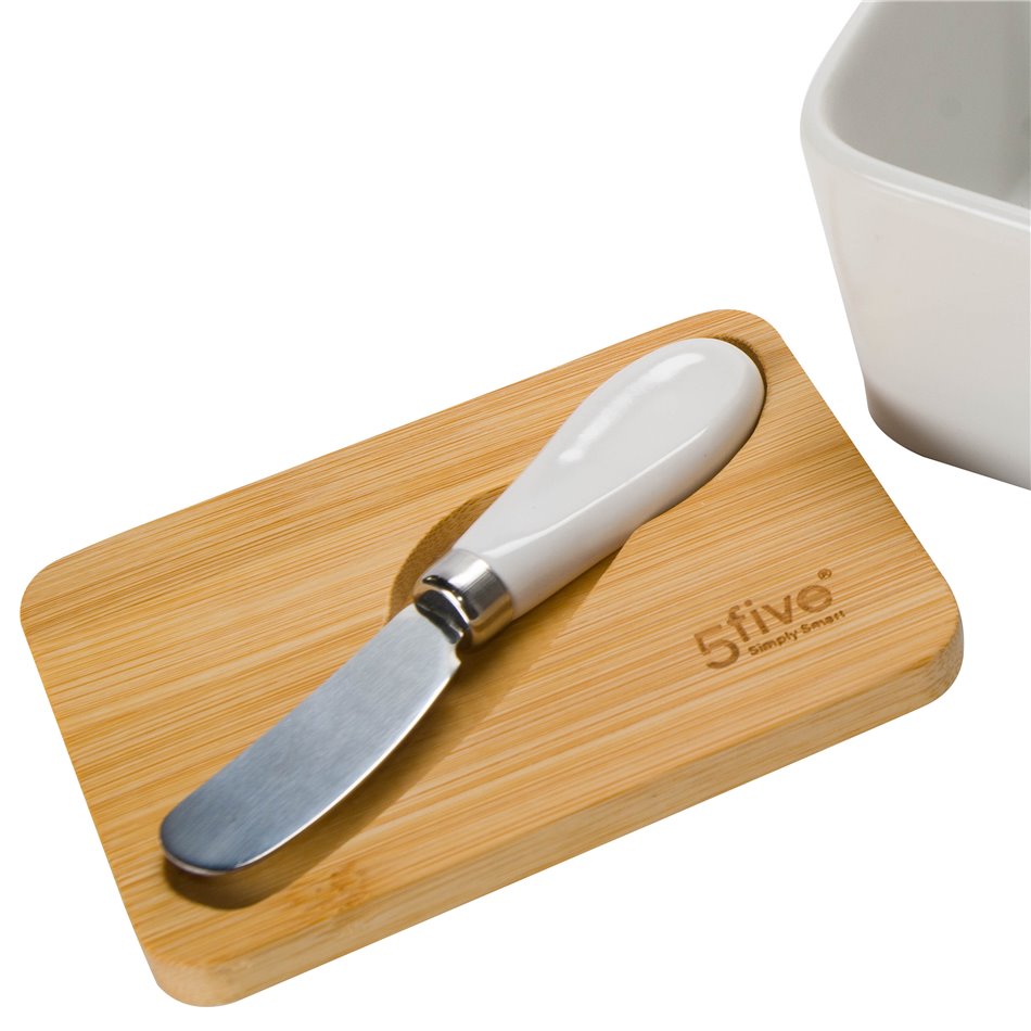 Butter bin with knife, bamboo lid, ceramic,13.5x9.3x9cm
